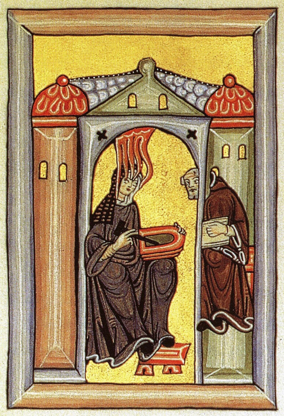 Hildegard von Bingen — Middeleeuwse manuscriptvoorstelling van Hildegard die haar visioen dicteert — geen fotografisch portret.
